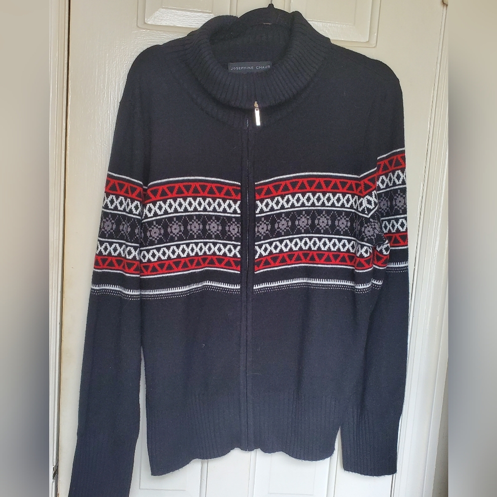 Josephine Chaus Size XL Full Zip Long Sleeve Cardigan Black‎ Red Nordic Motif